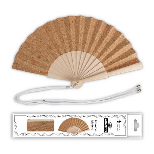 Abanico de Madera Natural 23 cm con Tela de Corcho, Con Caja y Cordón, Abanico Liso para Pintar, Bodas, Manualidades, Eventos y Uso Diario