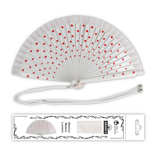Home Universal® Pack de 1/2 Abanicos de Madera Lacados, Disponibles en Varios Colores y Tamaños, Abanico Flamenco Español para Bodas, Ferias, Fiestas, Comuniones y Eventos (23 cm, Blanco Con Lunar Rojo)