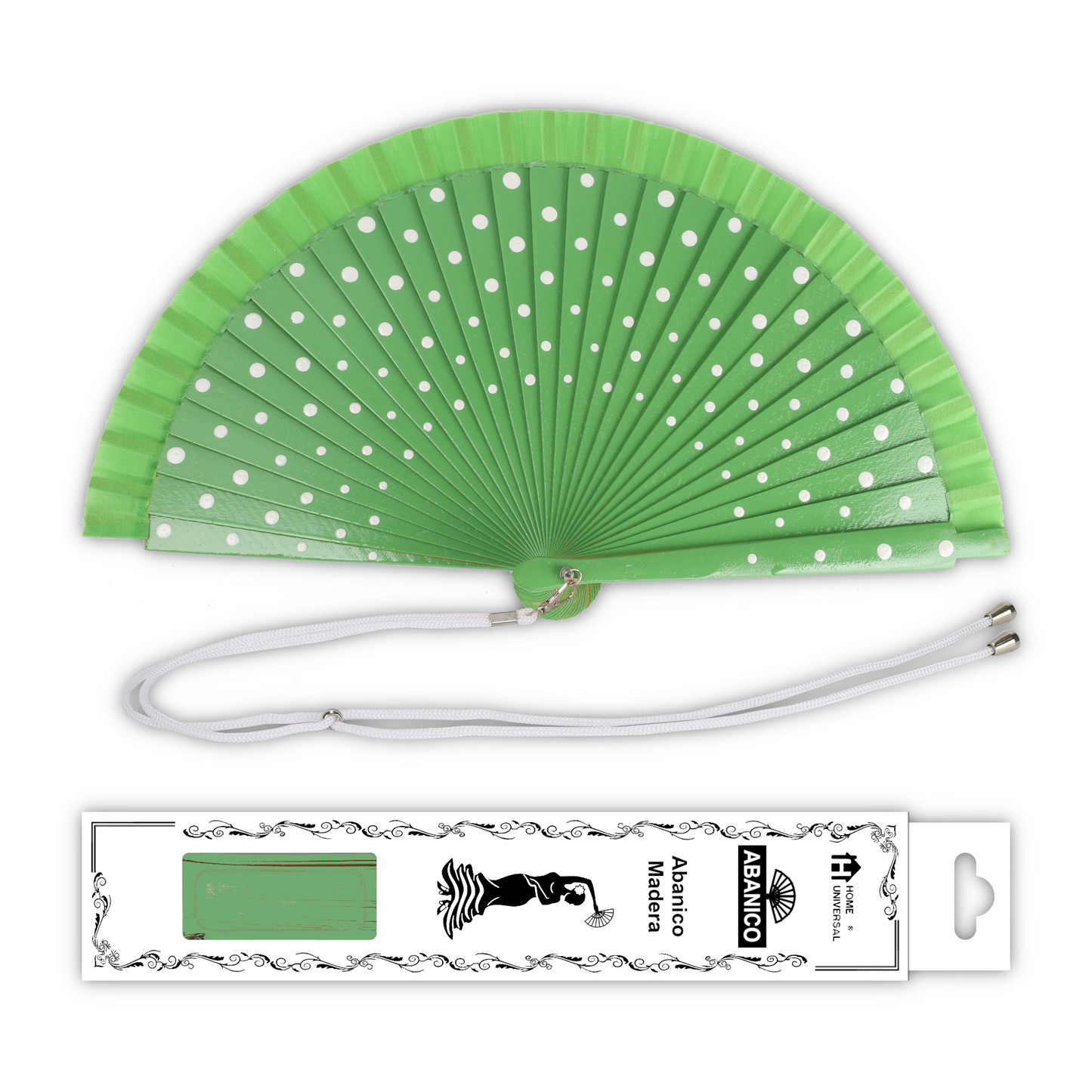 Home Universal® Pack de 1/2 Abanicos de Madera Lacados, Disponibles en Varios Colores y Tamaños, Abanico Flamenco Español para Bodas, Ferias, Fiestas, Comuniones y Eventos (23 cm, Verde Con Lunar Blanco)