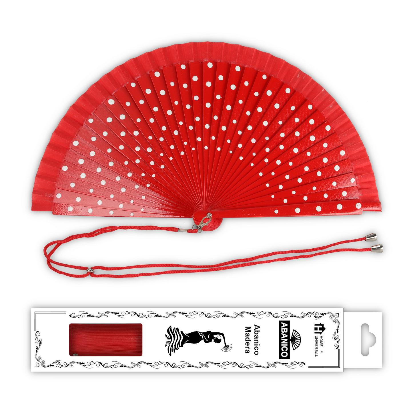 Home Universal® Pack de 1/2 Abanicos de Madera Lacados, Disponibles en Varios Colores y Tamaños, Abanico Flamenco Español para Bodas, Ferias, Fiestas, Comuniones y Eventos (23 cm, Rojo Con Lunar Blanco)