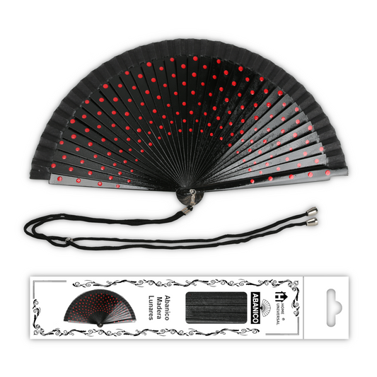 Home Universal® Pack de 1/2 Abanicos de Madera Lacados, Disponibles en Varios Colores y Tamaños, Abanico Flamenco Español para Bodas, Ferias, Fiestas, Comuniones y Eventos (23 cm, Negro Con Lunar Rojo)
