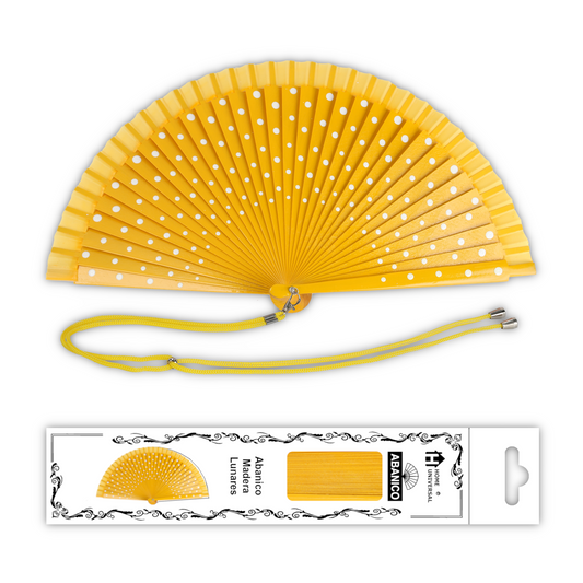 Home Universal® Pack de 1/2 Abanicos de Madera Lacados, Disponibles en Varios Colores y Tamaños, Abanico Flamenco Español para Bodas, Ferias, Fiestas, Comuniones y Eventos (23 cm, Amarillo Con Lunar Blanco)