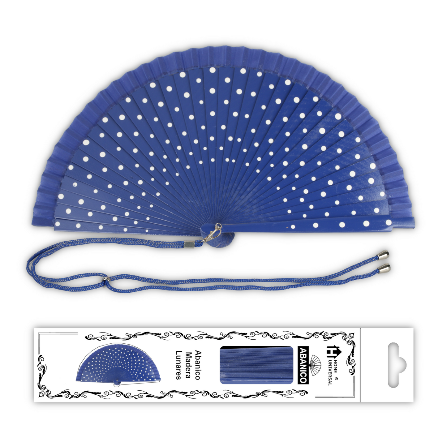 Home Universal® Pack de 1/2 Abanicos de Madera Lacados, Disponibles en Varios Colores y Tamaños, Abanico Flamenco Español para Bodas, Ferias, Fiestas, Comuniones y Eventos (23 cm, Azul Con Lunar Blanco)