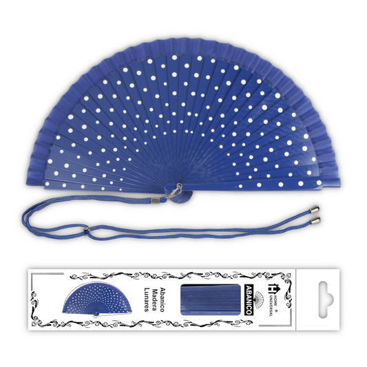 Home Universal® Pack de 1/2 Abanicos de Madera Lacados, Disponibles en Varios Colores y Tamaños, Abanico Flamenco Español para Bodas, Ferias, Fiestas, Comuniones y Eventos (23 cm, Azul Con Lunar Blanco)