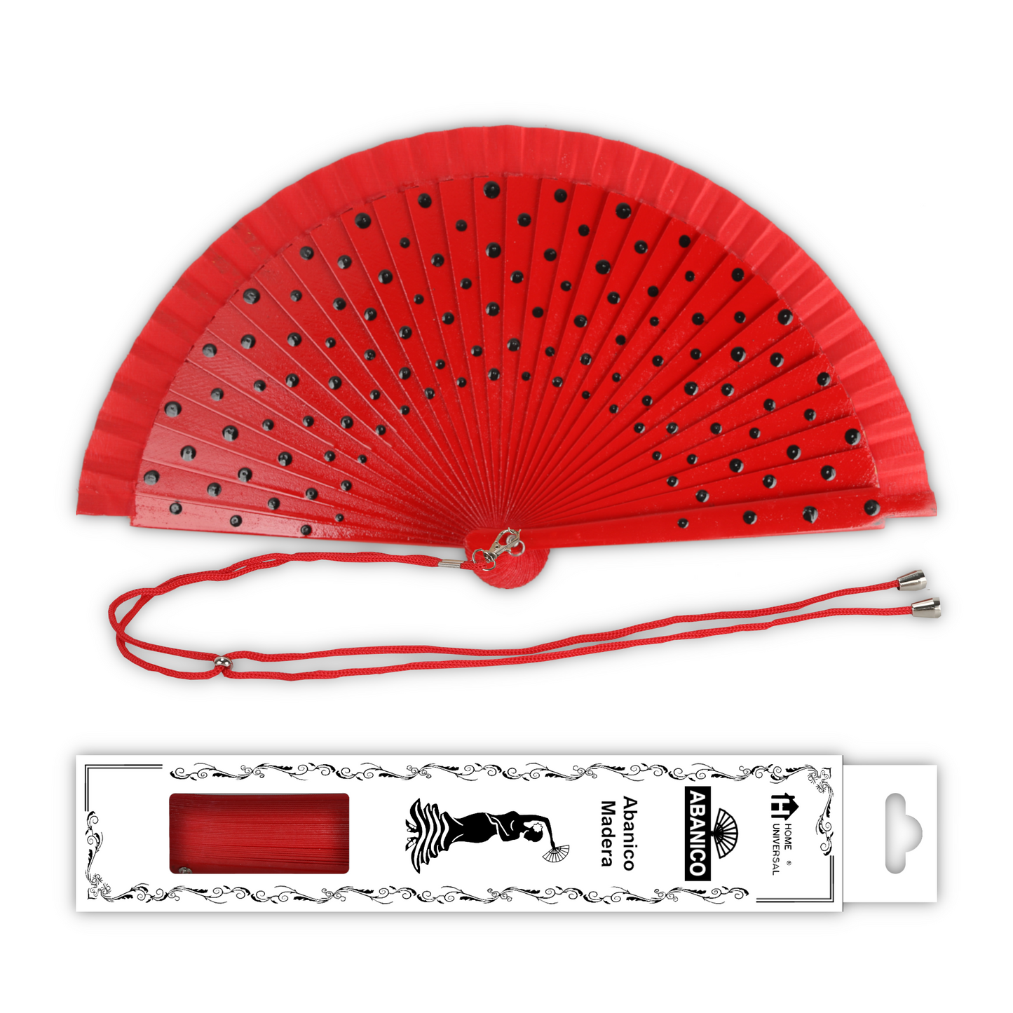Home Universal® Pack de 1/2 Abanicos de Madera Lacados, Disponibles en Varios Colores y Tamaños, Abanico Flamenco Español para Bodas, Ferias, Fiestas, Comuniones y Eventos (23 cm, Rojo Con Lunar Negro)
