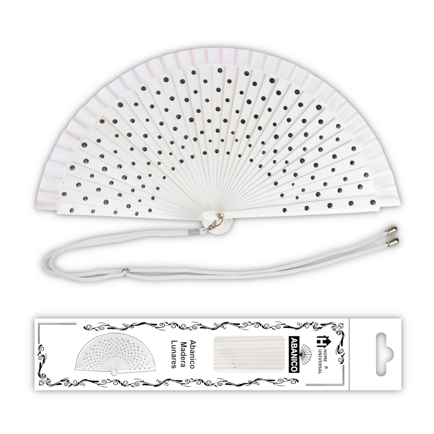 Home Universal® Pack de 1/2 Abanicos de Madera Lacados, Disponibles en Varios Colores y Tamaños, Abanico Flamenco Español para Bodas, Ferias, Fiestas, Comuniones y Eventos (23 cm, Blanco Con Lunar Negro)