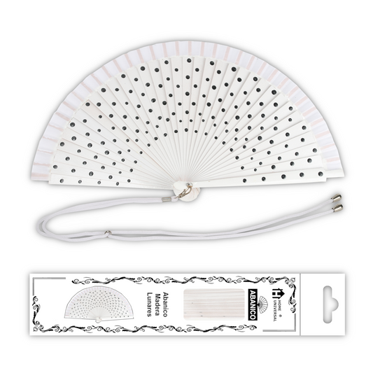 Home Universal® Pack de 1/2 Abanicos de Madera Lacados, Disponibles en Varios Colores y Tamaños, Abanico Flamenco Español para Bodas, Ferias, Fiestas, Comuniones y Eventos (23 cm, Blanco Con Lunar Negro)