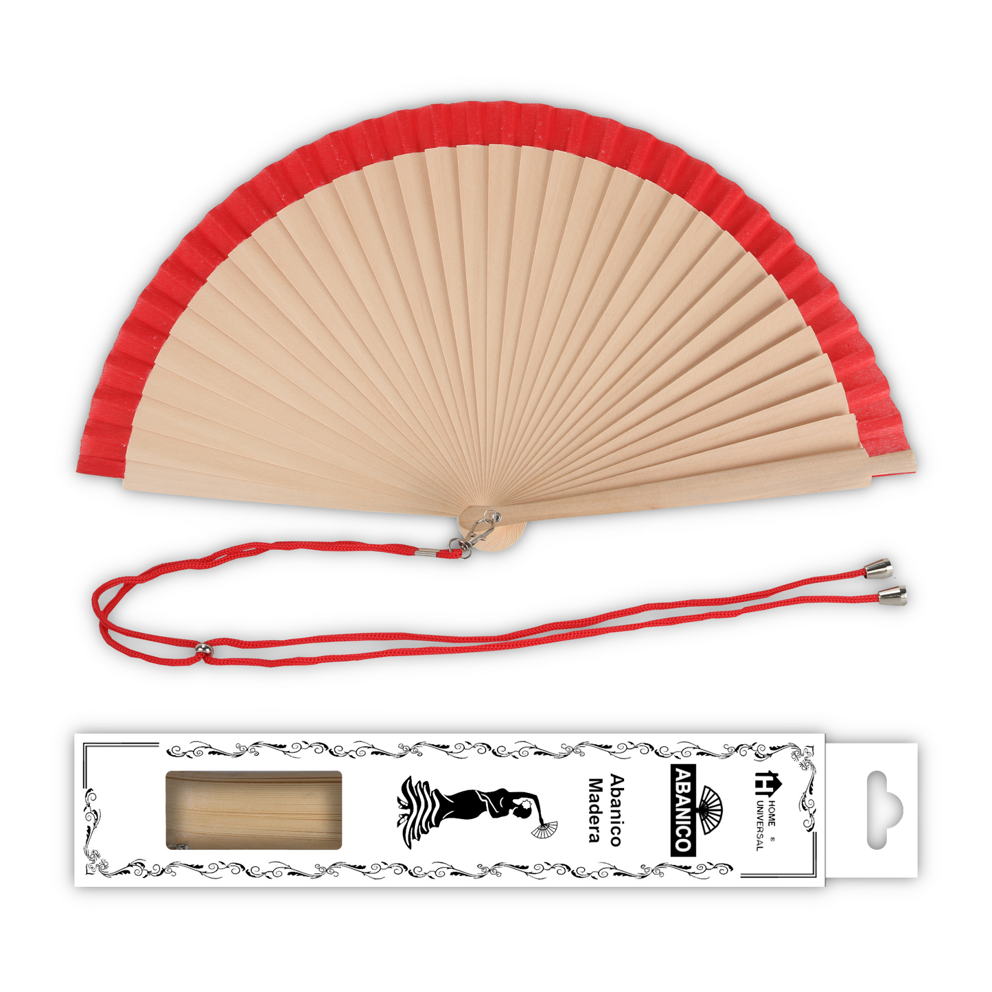Home Universal® Pack de 1/2 Abanicos de Madera, Disponibles en Varios Colores y Tamaños, Abanico Flamenco Español para Bodas, Ferias, Fiestas, Comuniones y Eventos (23 cm, Madera y Roja)