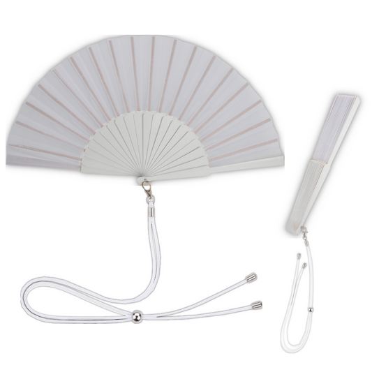 Home Universal® 1 o 2 Abanicos Grandes de Madera y Tela Liso de 30 CM con Argolla Metálica y Cordón Incluido, Varios Colores Disponibles (Blanco)