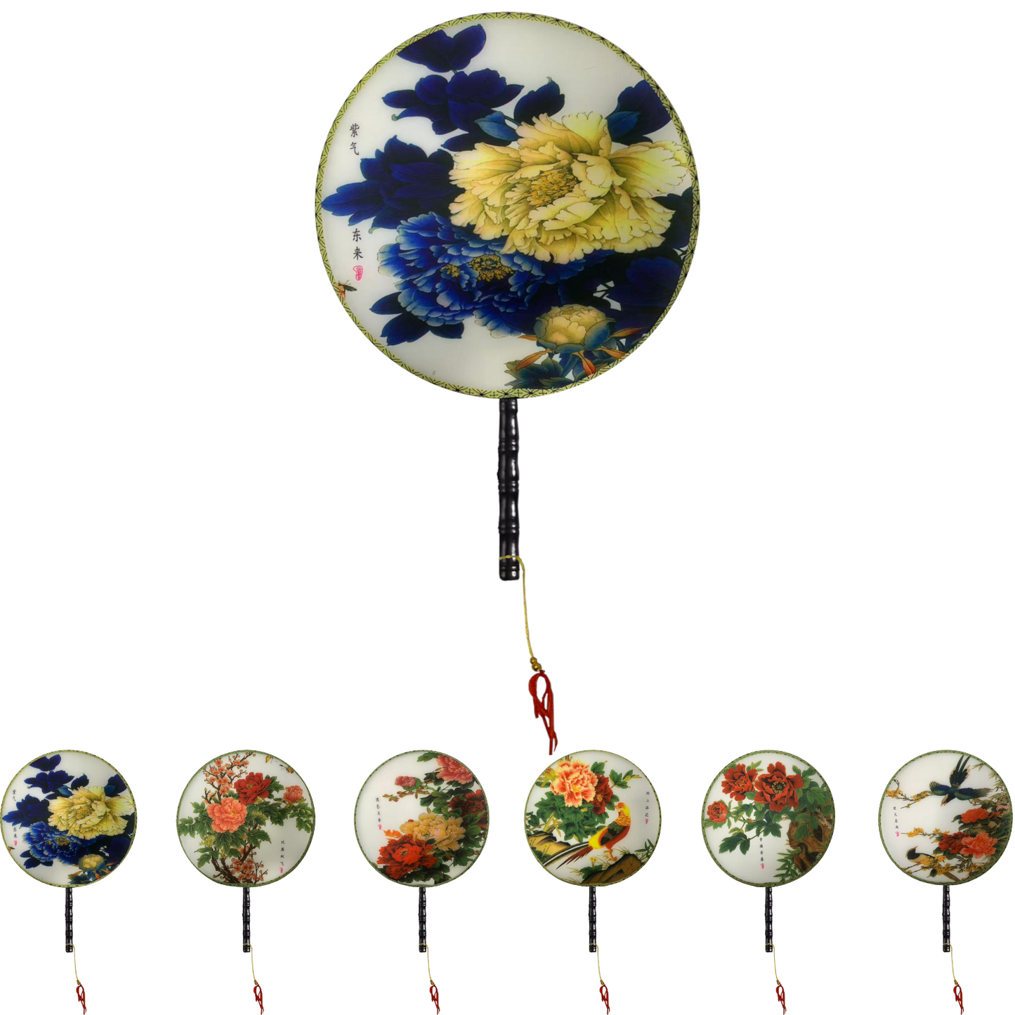 Home Universal® Abanico Redondo Chino - Imprimido de una Sola Cara – Abanico Clásico de Seda Translúcido y Sedoso con Patrón Floral y Mango de Madera – Estilo Oriental Antiguo Decorativo para Hogar o Regalo (Peonías Azul y Marfil)