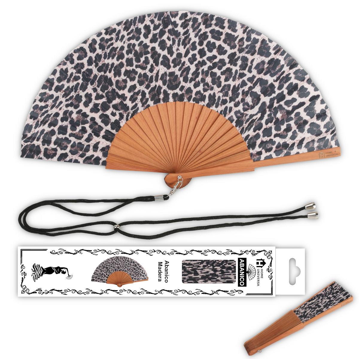 Home Universal® Abanico de Madera con Tela 23 cm, Abanico Plegable de Mano con Cordón, Ligero y Portátil para Verano, Bodas, Ferias y Fiestas (Leopardo Rosa)