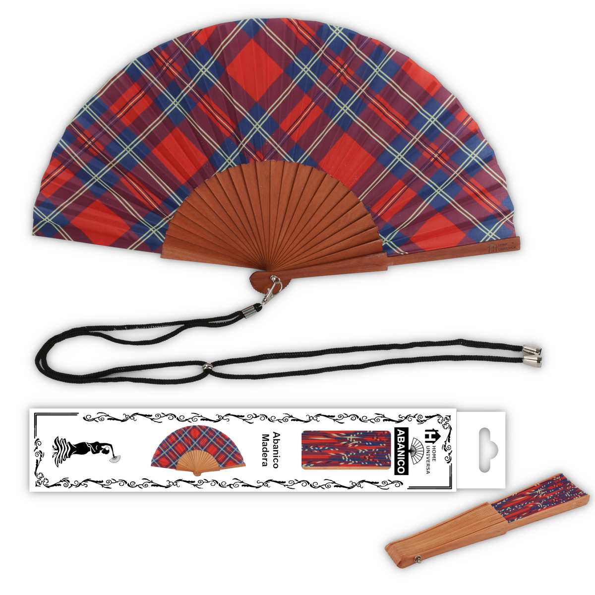 Home Universal® Abanico de Madera con Tela 23 cm, Abanico Plegable de Mano con Cordón, Ligero y Portátil para Verano, Bodas, Ferias y Fiestas (Tartán Rojo)