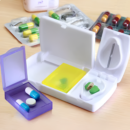 Home Universal® Pastillero portátil y semanal con 6, 7 o 28 compartimentos | Caja organizadora de pastillas con cortador integrado – Diferentes colores y formatos (Pastillero con cortador de pastillas integrado)