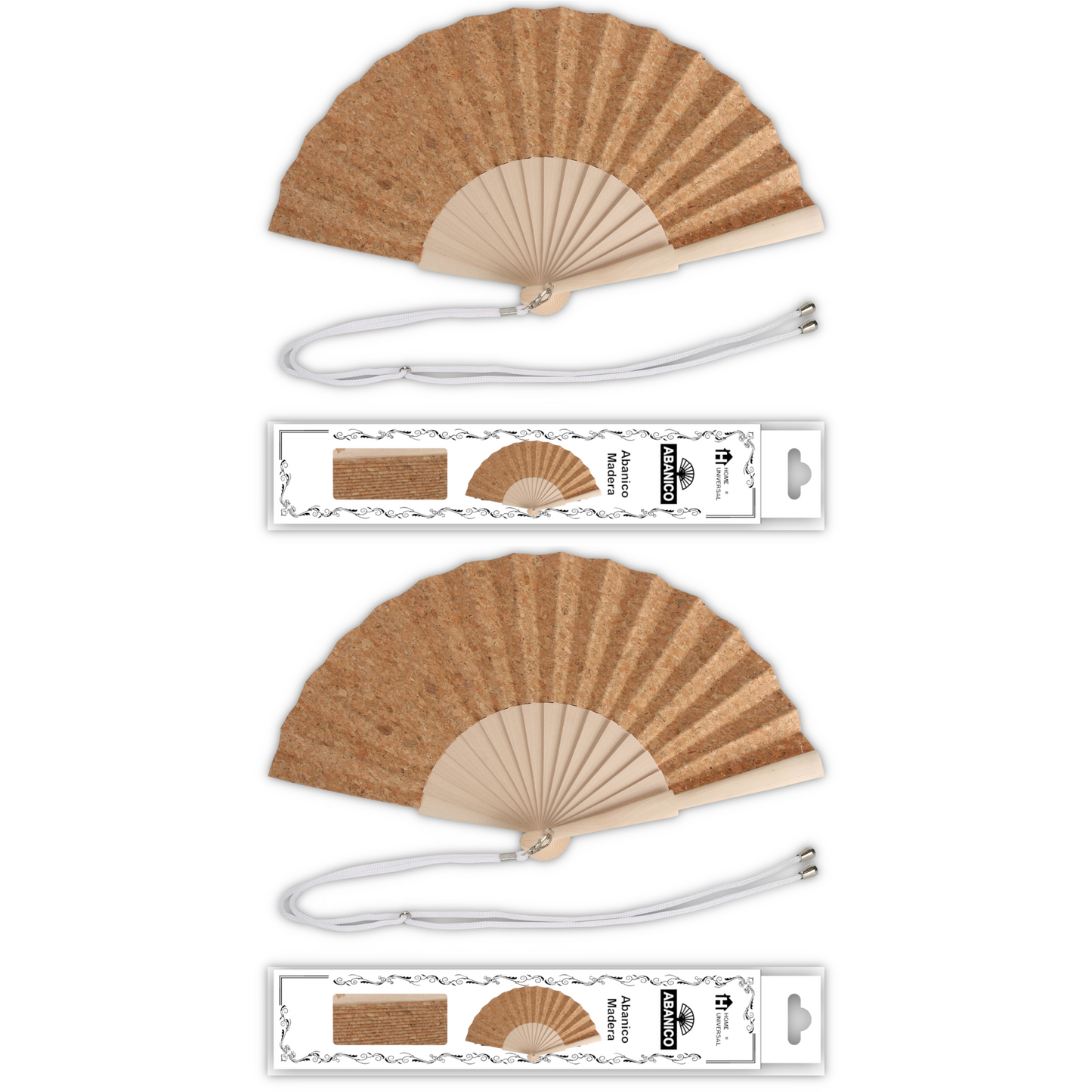 Abanico de Madera Natural 23 cm con Tela de Corcho, Con Caja y Cordón, Abanico Liso para Pintar, Bodas, Manualidades, Eventos y Uso Diario