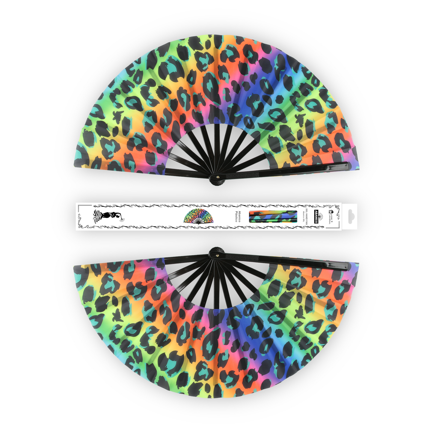 Home Universal® Abanico XXL 33 cm Grande de Plástico con Caja – Plegable, Ligero y Resistente – Efecto Fluorescente Brillante – Ideal para Verano, Fiesta, Discoteca, Pride y Eventos (Leopardo - Multicolor)