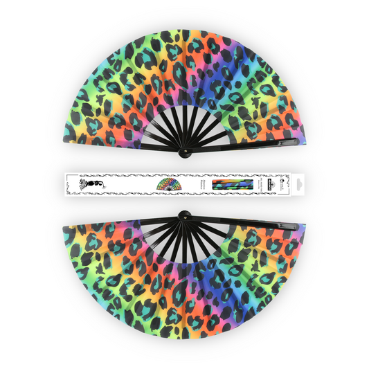 Home Universal® Abanico XXL 33 cm Grande de Plástico con Caja – Plegable, Ligero y Resistente – Efecto Fluorescente Brillante – Ideal para Verano, Fiesta, Discoteca, Pride y Eventos (Leopardo - Multicolor)