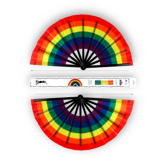 Home Universal® Abanico XXL 33 cm Grande de Plástico con Caja – Plegable, Ligero y Resistente – Efecto Fluorescente Brillante – Ideal para Verano, Fiesta, Discoteca, Pride y Eventos - ARCOIRIS_Noir (Estampado)