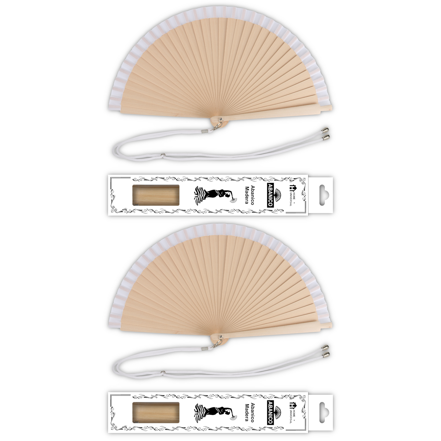 Home Universal® Pack de 1/2 Abanicos de Madera, Disponibles en Varios Colores y Tamaños, Abanico Flamenco Español para Bodas, Ferias, Fiestas, Comuniones y Eventos (23 cm, Madera y Blanco)