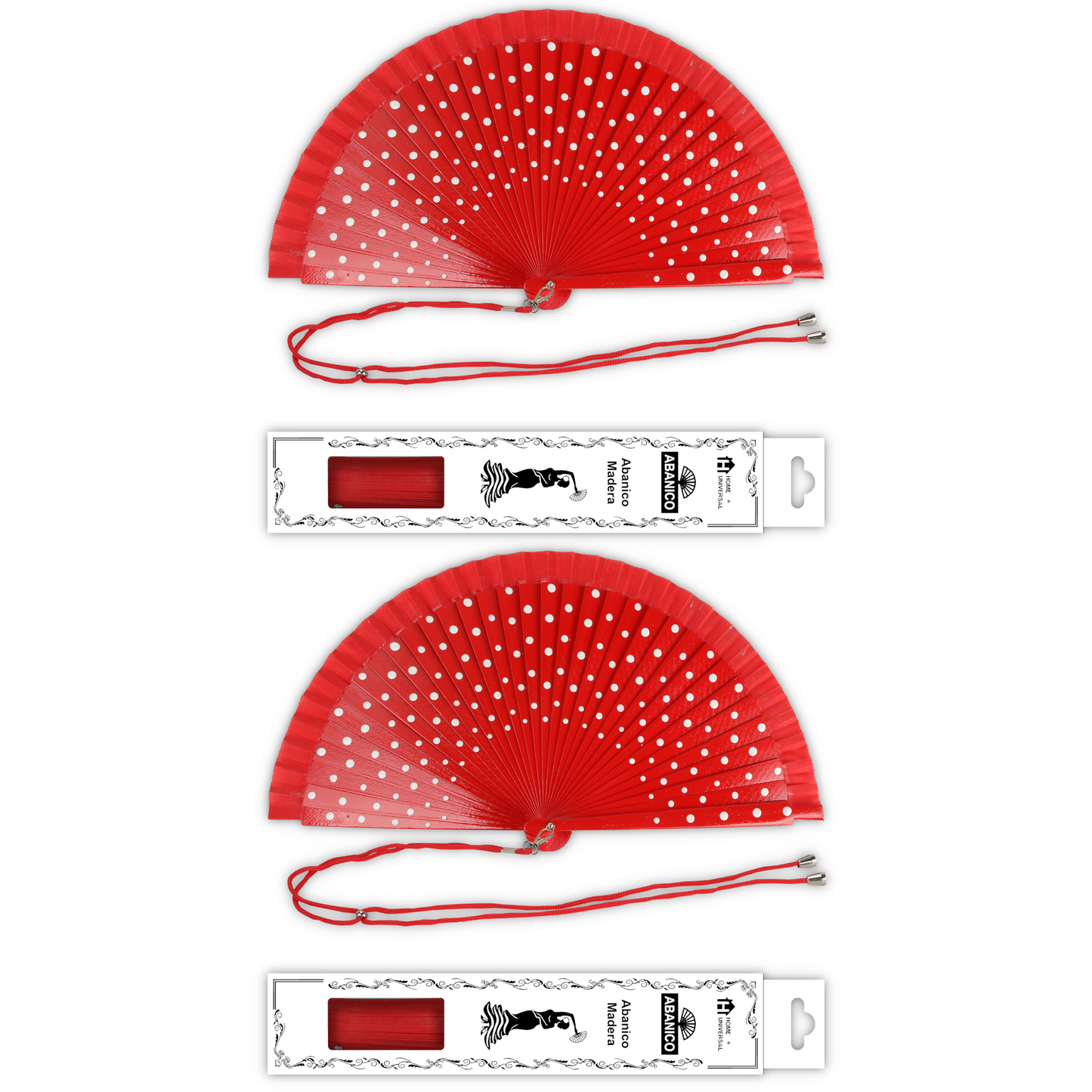 Home Universal® Pack de 1/2 Abanicos de Madera Lacados, Disponibles en Varios Colores y Tamaños, Abanico Flamenco Español para Bodas, Ferias, Fiestas, Comuniones y Eventos (23 cm, Rojo Con Lunar Blanco)