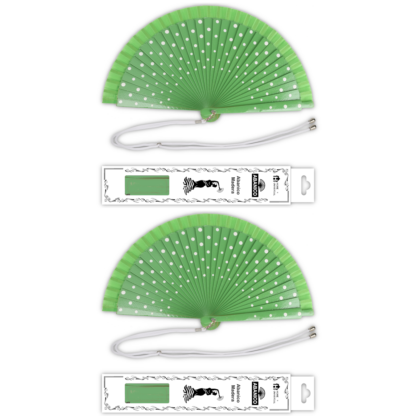 Home Universal® Pack de 1/2 Abanicos de Madera Lacados, Disponibles en Varios Colores y Tamaños, Abanico Flamenco Español para Bodas, Ferias, Fiestas, Comuniones y Eventos (23 cm, Verde Con Lunar Blanco)