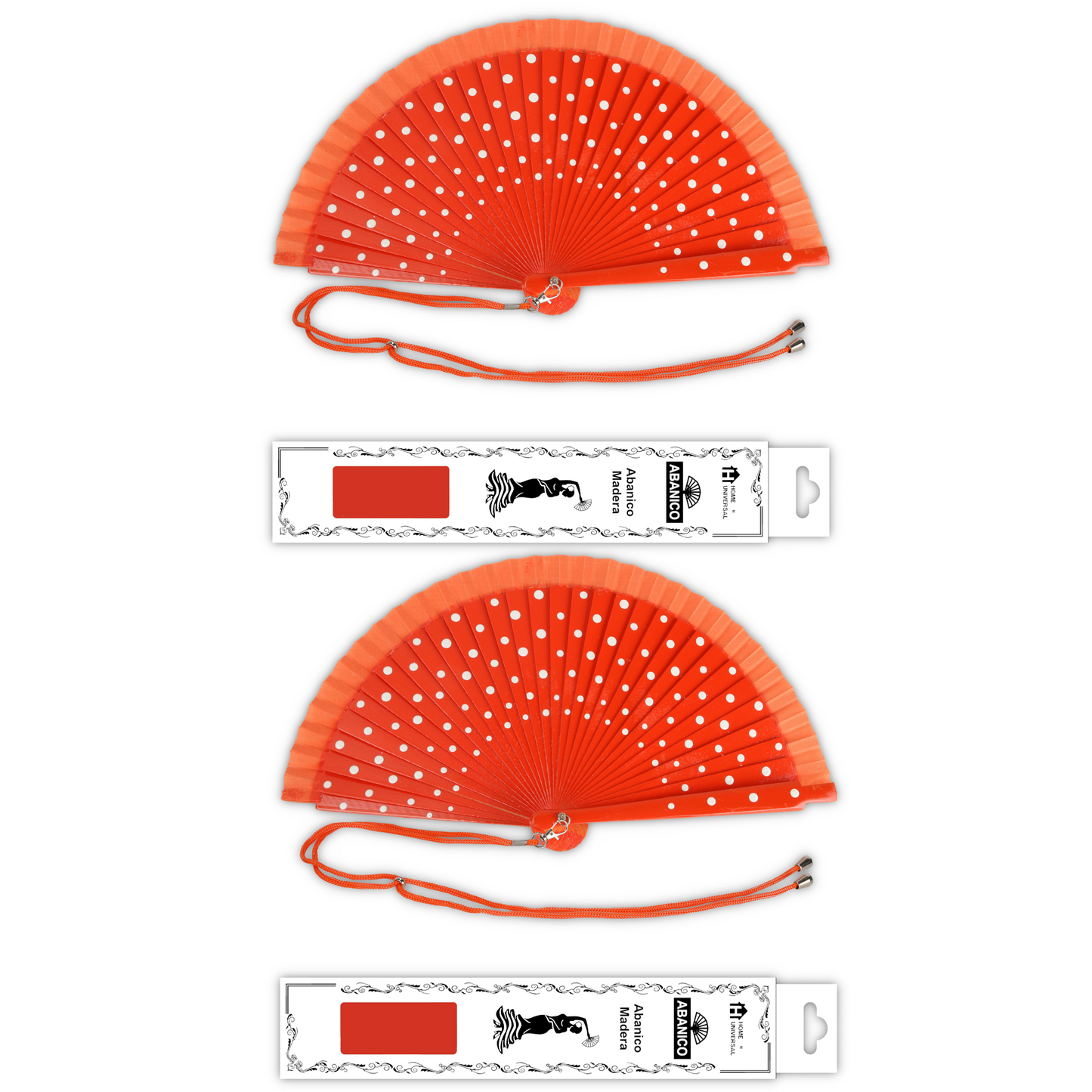 Home Universal® Pack de 1/2 Abanicos de Madera Lacados, Disponibles en Varios Colores y Tamaños, Abanico Flamenco Español para Bodas, Ferias, Fiestas, Comuniones y Eventos (23 cm, Naranja Con Lunar Blanco)