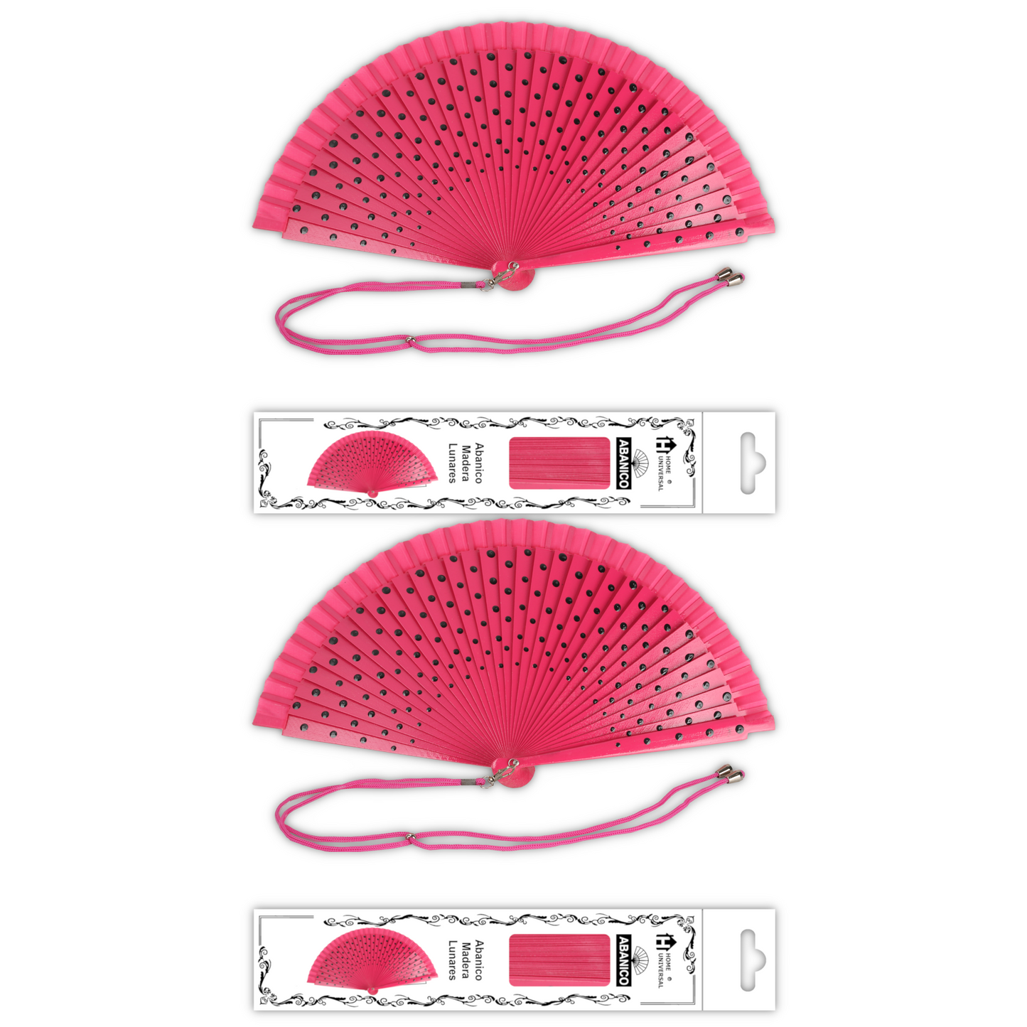 Home Universal® Pack de 1/2 Abanicos de Madera Lacados, Disponibles en Varios Colores y Tamaños, Abanico Flamenco Español para Bodas, Ferias, Fiestas, Comuniones y Eventos (23 cm, Rosa Con Lunar Negro)