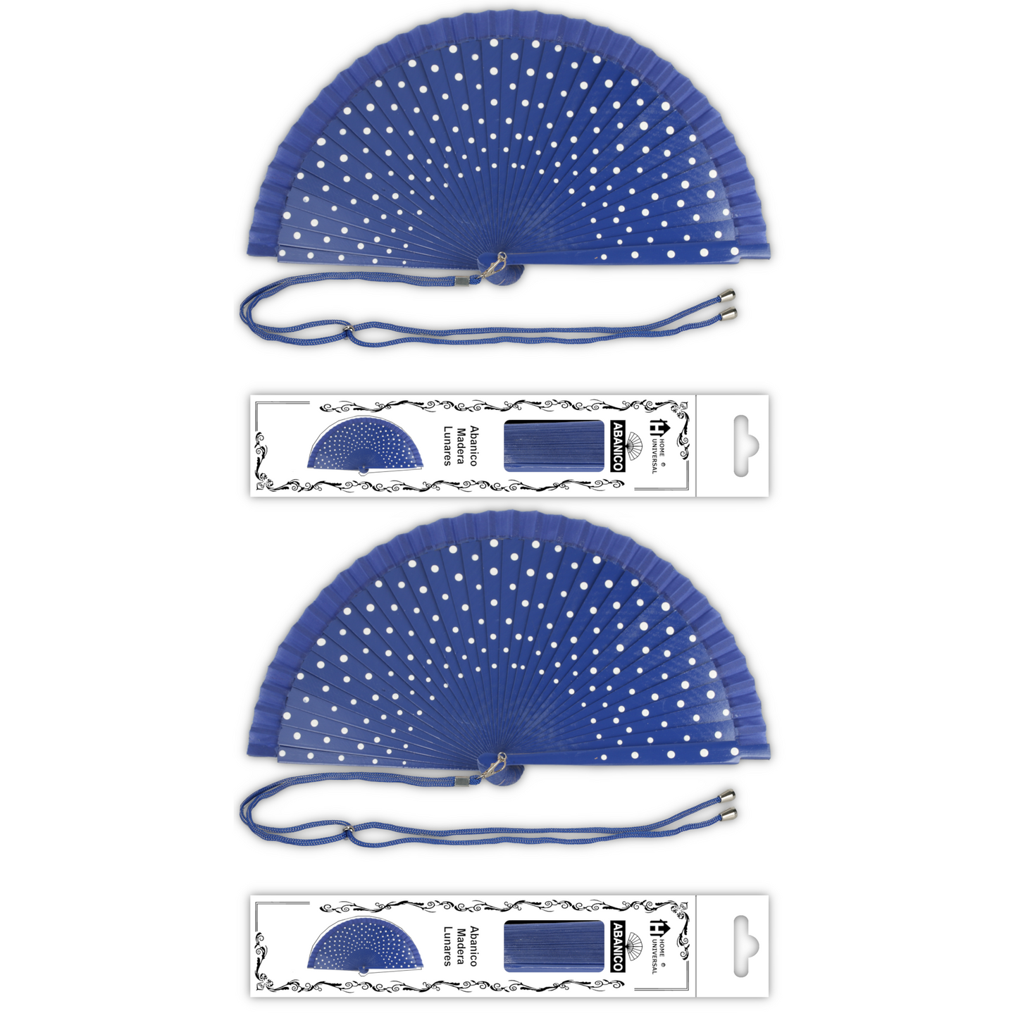 Home Universal® Pack de 1/2 Abanicos de Madera Lacados, Disponibles en Varios Colores y Tamaños, Abanico Flamenco Español para Bodas, Ferias, Fiestas, Comuniones y Eventos (23 cm, Azul Con Lunar Blanco)