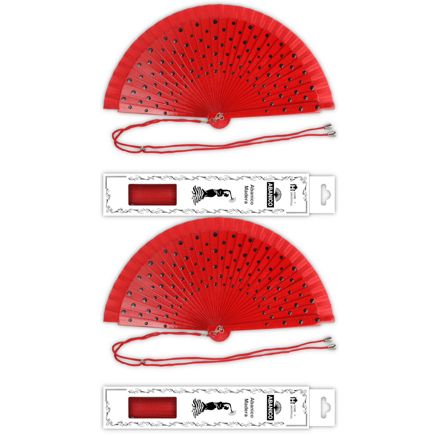 Home Universal® Pack de 1/2 Abanicos de Madera Lacados, Disponibles en Varios Colores y Tamaños, Abanico Flamenco Español para Bodas, Ferias, Fiestas, Comuniones y Eventos (23 cm, Rojo Con Lunar Negro)