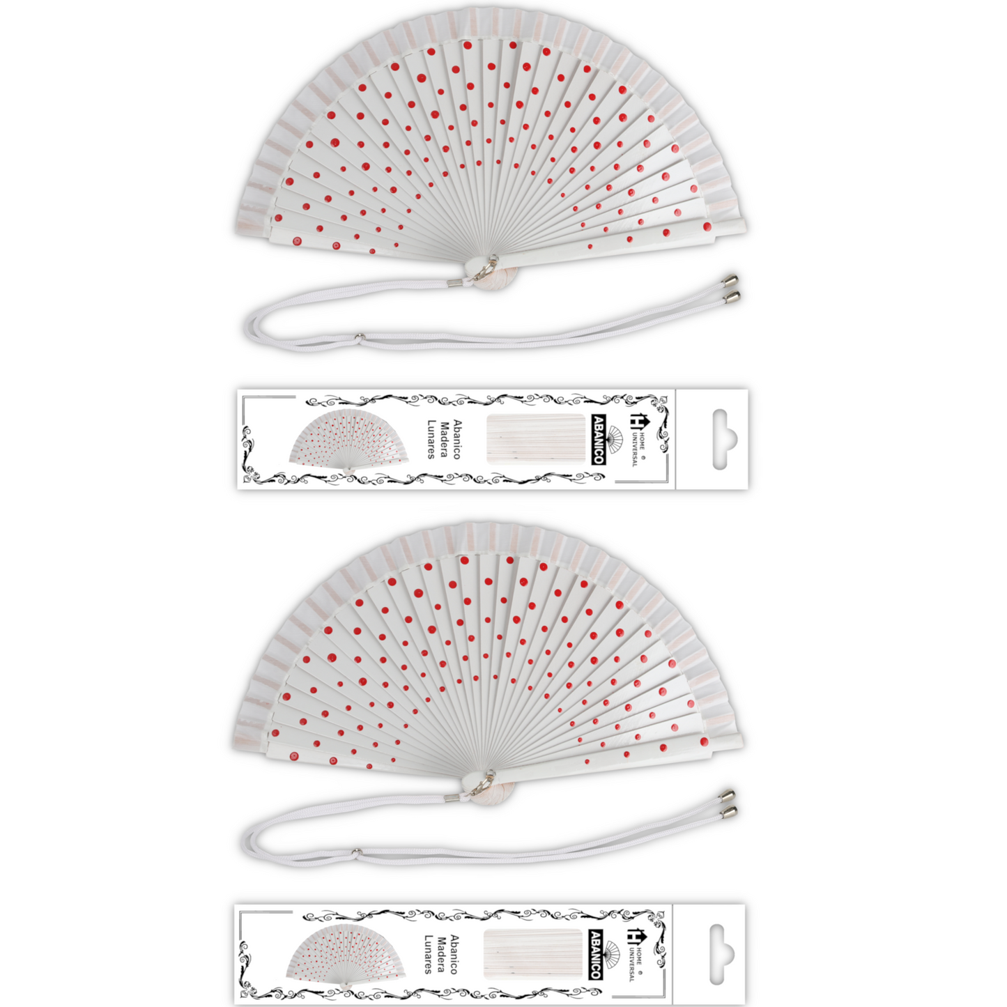 Home Universal® Pack de 1/2 Abanicos de Madera Lacados, Disponibles en Varios Colores y Tamaños, Abanico Flamenco Español para Bodas, Ferias, Fiestas, Comuniones y Eventos (23 cm, Blanco Con Lunar Rojo)