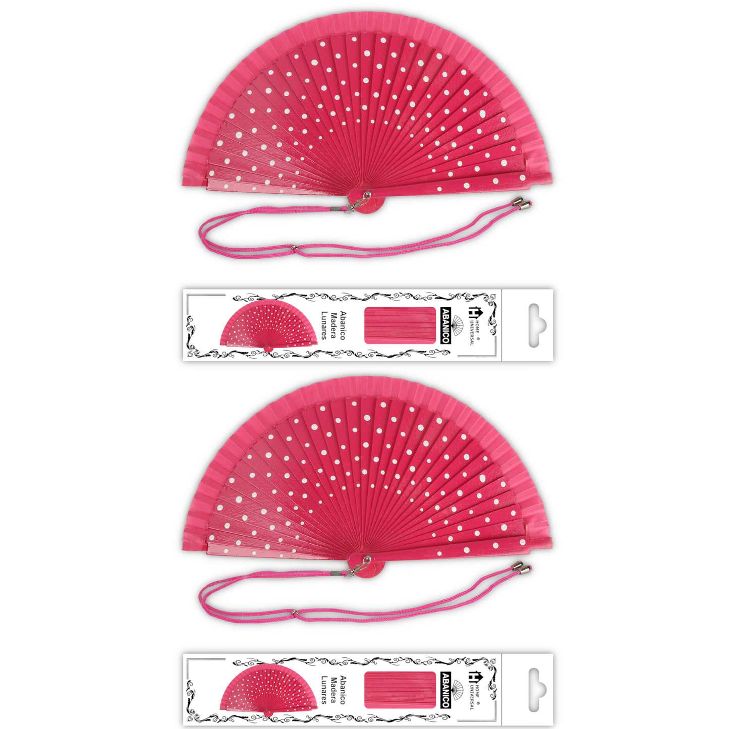 Home Universal® Pack de 1/2 Abanicos de Madera Lacados, Disponibles en Varios Colores y Tamaños, Abanico Flamenco Español para Bodas, Ferias, Fiestas, Comuniones y Eventos (23 cm, Rosa Con Lunar Blanco)