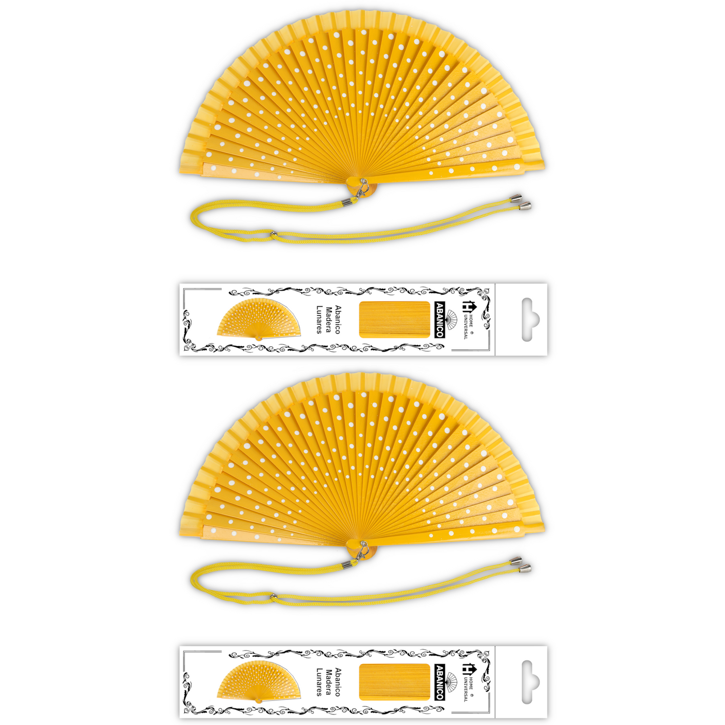 Home Universal® Pack de 1/2 Abanicos de Madera Lacados, Disponibles en Varios Colores y Tamaños, Abanico Flamenco Español para Bodas, Ferias, Fiestas, Comuniones y Eventos (23 cm, Amarillo Con Lunar Blanco)