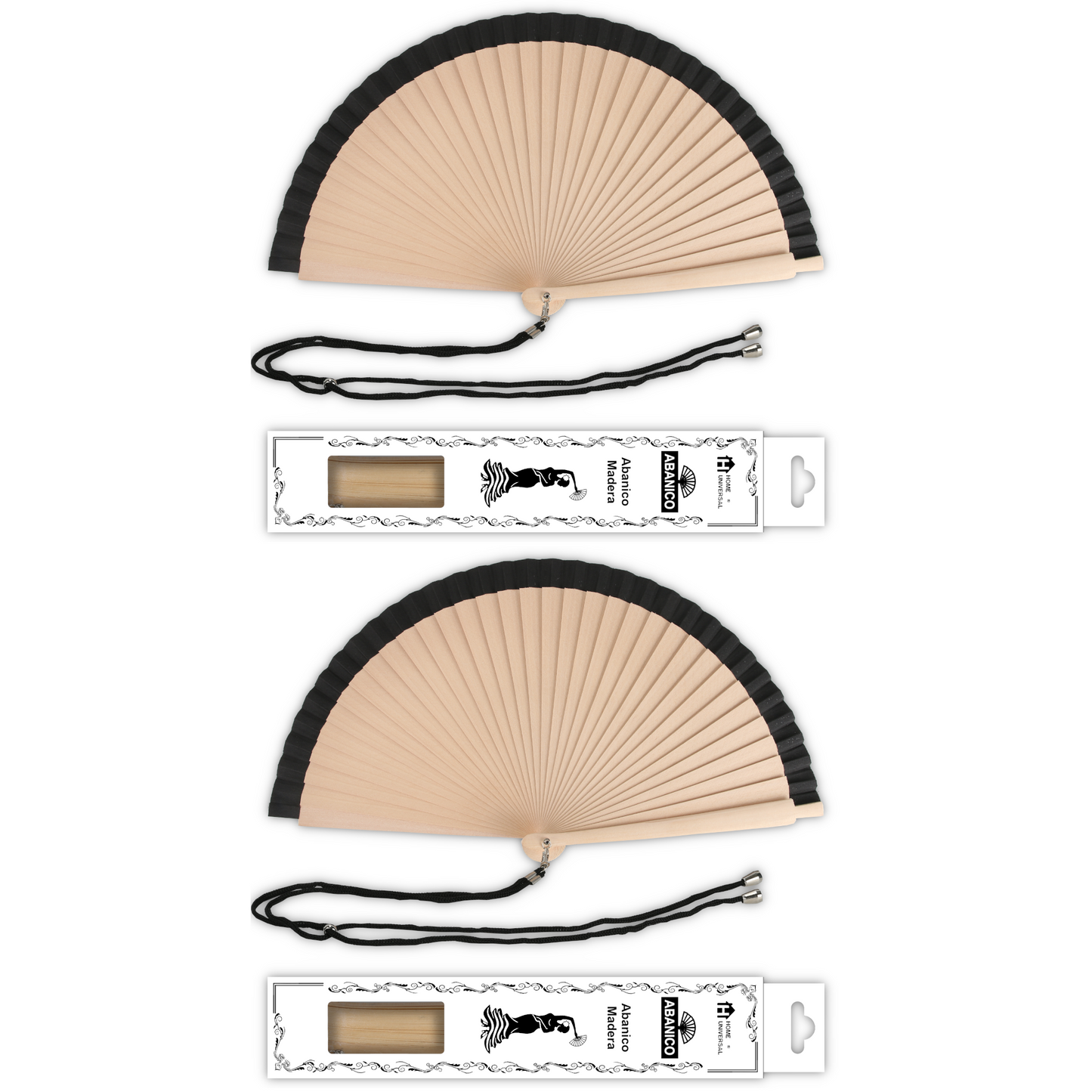 Home Universal® Pack de 1/2 Abanicos de Madera, Disponibles en Varios Colores y Tamaños, Abanico Flamenco Español para Bodas, Ferias, Fiestas, Comuniones y Eventos (23 cm, Madera y Negro)