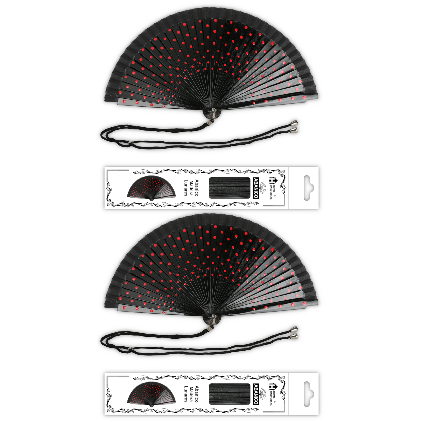 Home Universal® Pack de 1/2 Abanicos de Madera Lacados, Disponibles en Varios Colores y Tamaños, Abanico Flamenco Español para Bodas, Ferias, Fiestas, Comuniones y Eventos (23 cm, Negro Con Lunar Rojo)