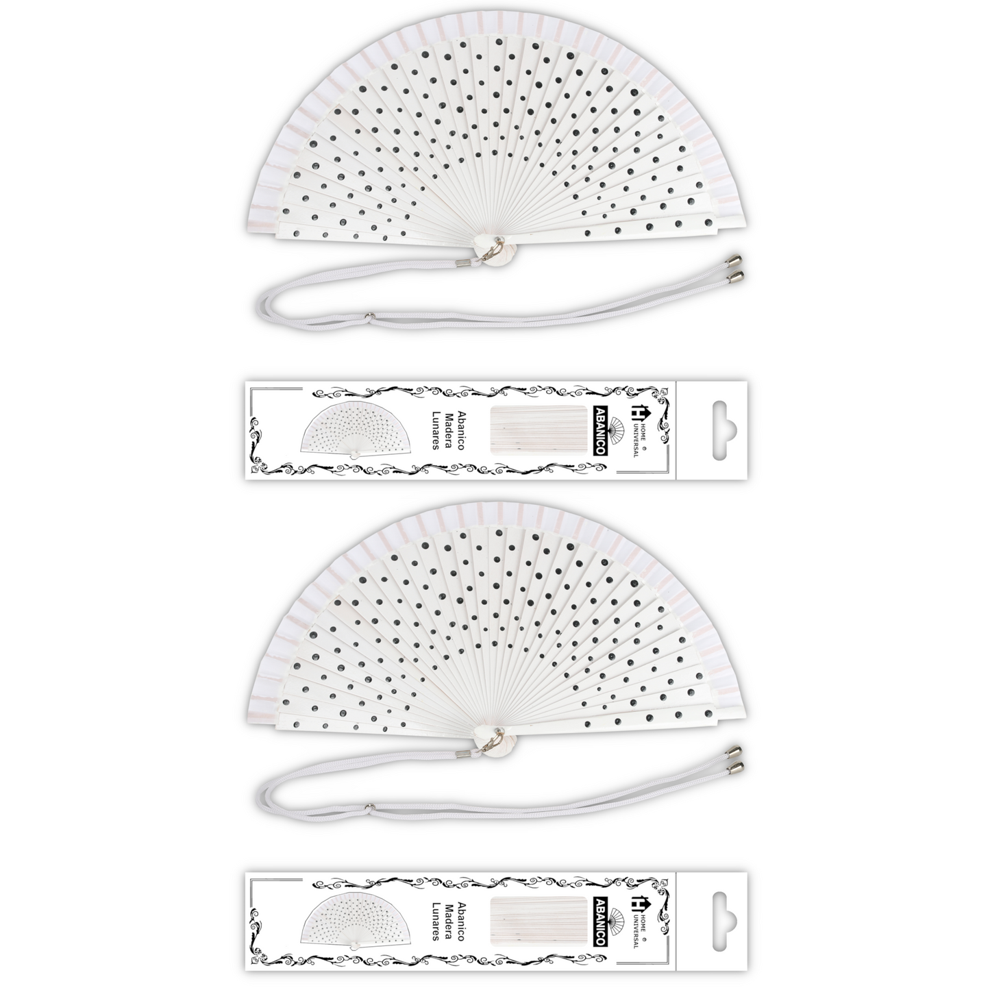 Home Universal® Pack de 1/2 Abanicos de Madera Lacados, Disponibles en Varios Colores y Tamaños, Abanico Flamenco Español para Bodas, Ferias, Fiestas, Comuniones y Eventos (23 cm, Blanco Con Lunar Negro)