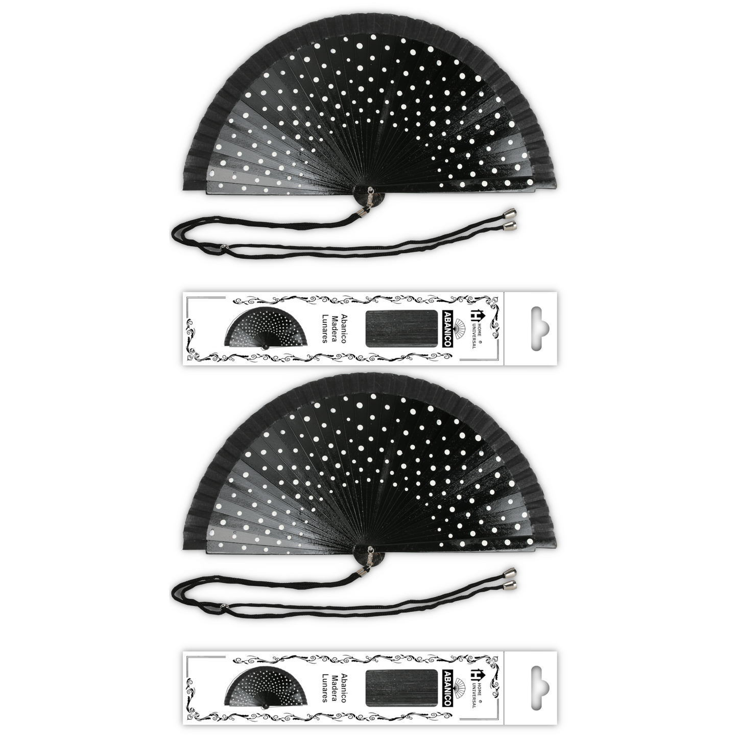 Home Universal® Pack de 1/2 Abanicos de Madera Lacados, Disponibles en Varios Colores y Tamaños, Abanico Flamenco Español para Bodas, Ferias, Fiestas, Comuniones y Eventos (23 cm, Negro Con Lunar Blanco)