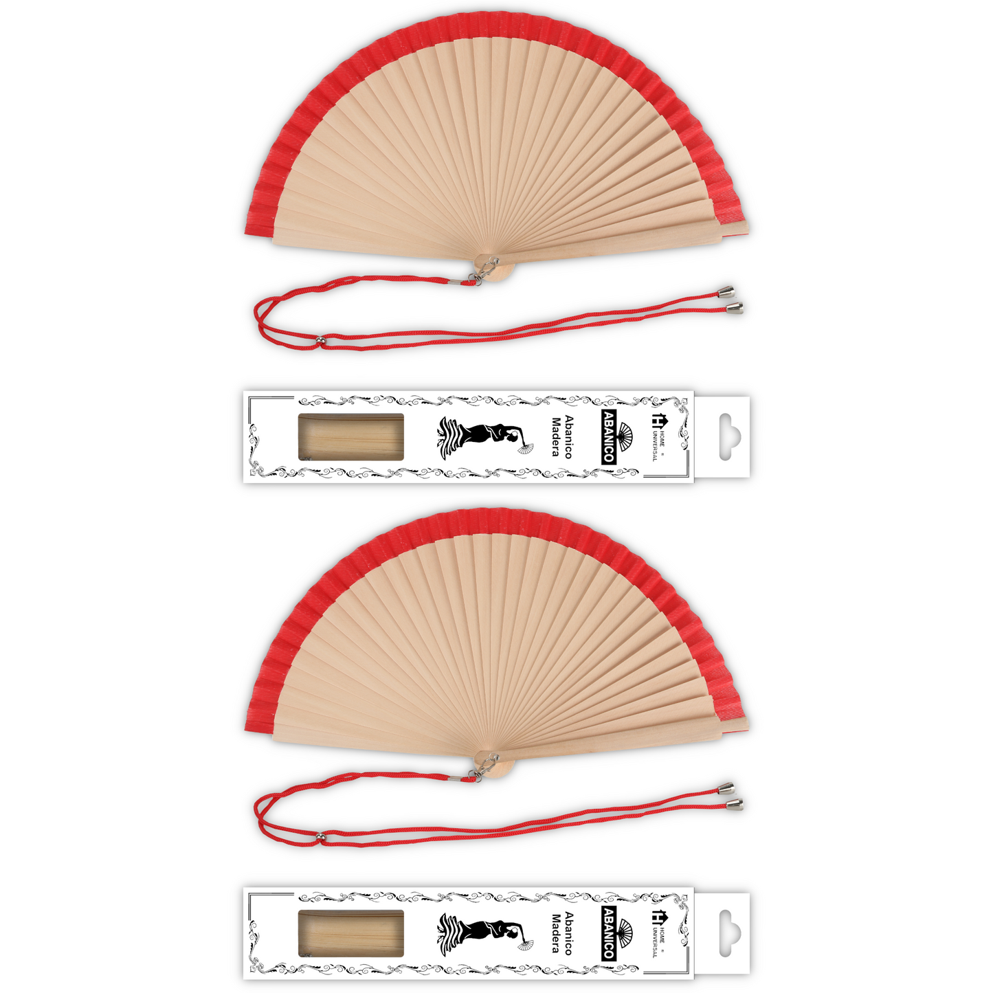 Home Universal® Pack de 1/2 Abanicos de Madera, Disponibles en Varios Colores y Tamaños, Abanico Flamenco Español para Bodas, Ferias, Fiestas, Comuniones y Eventos (23 cm, Madera y Roja)