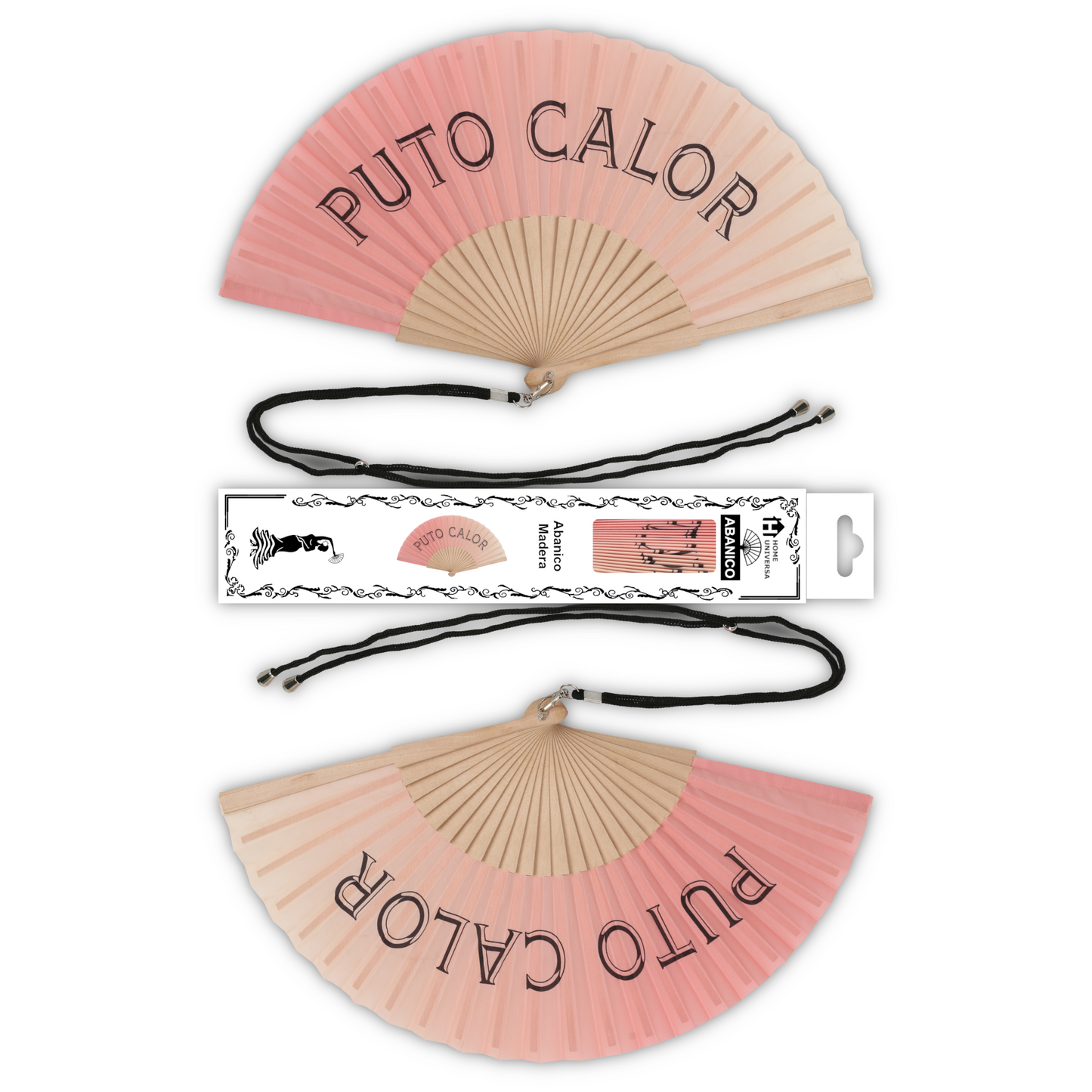 Home Universal® Abanico 23 cm con Cuerda para Cuello – Abanico Plegable de Madera Ligero y Portátil – Accesorio de Verano para Playa, Festivales, Bodas y Eventos – Diseño Divertido, Ideal para Viajes y Calor (P*TO CALOR (Coral))