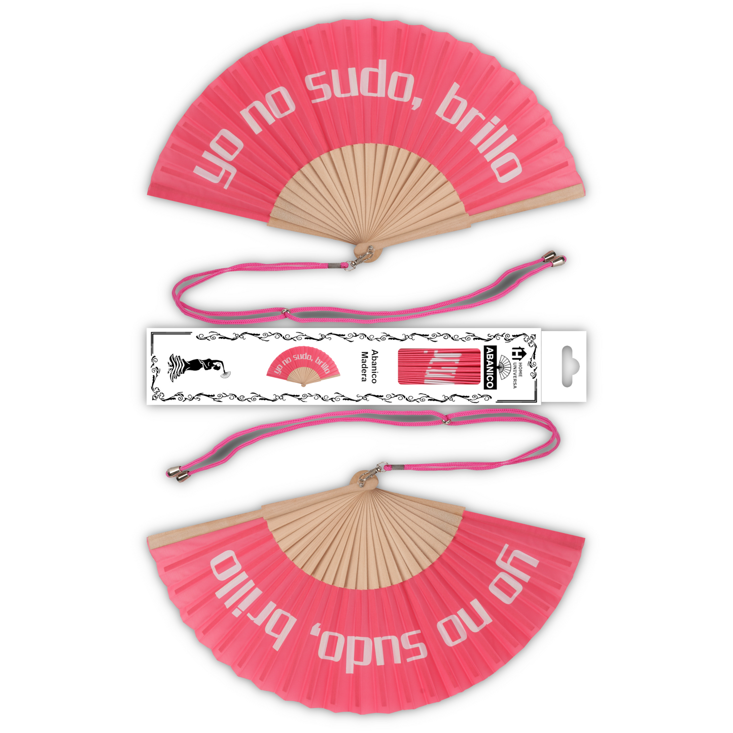 Home Universal® Abanico 23 cm con Cuerda para Cuello – Abanico Plegable de Madera Ligero y Portátil – Accesorio de Verano para Playa, Festivales, Bodas y Eventos – Diseño Divertido, Ideal para Viajes y Calor (yo no sudo, brillo (Rosa))