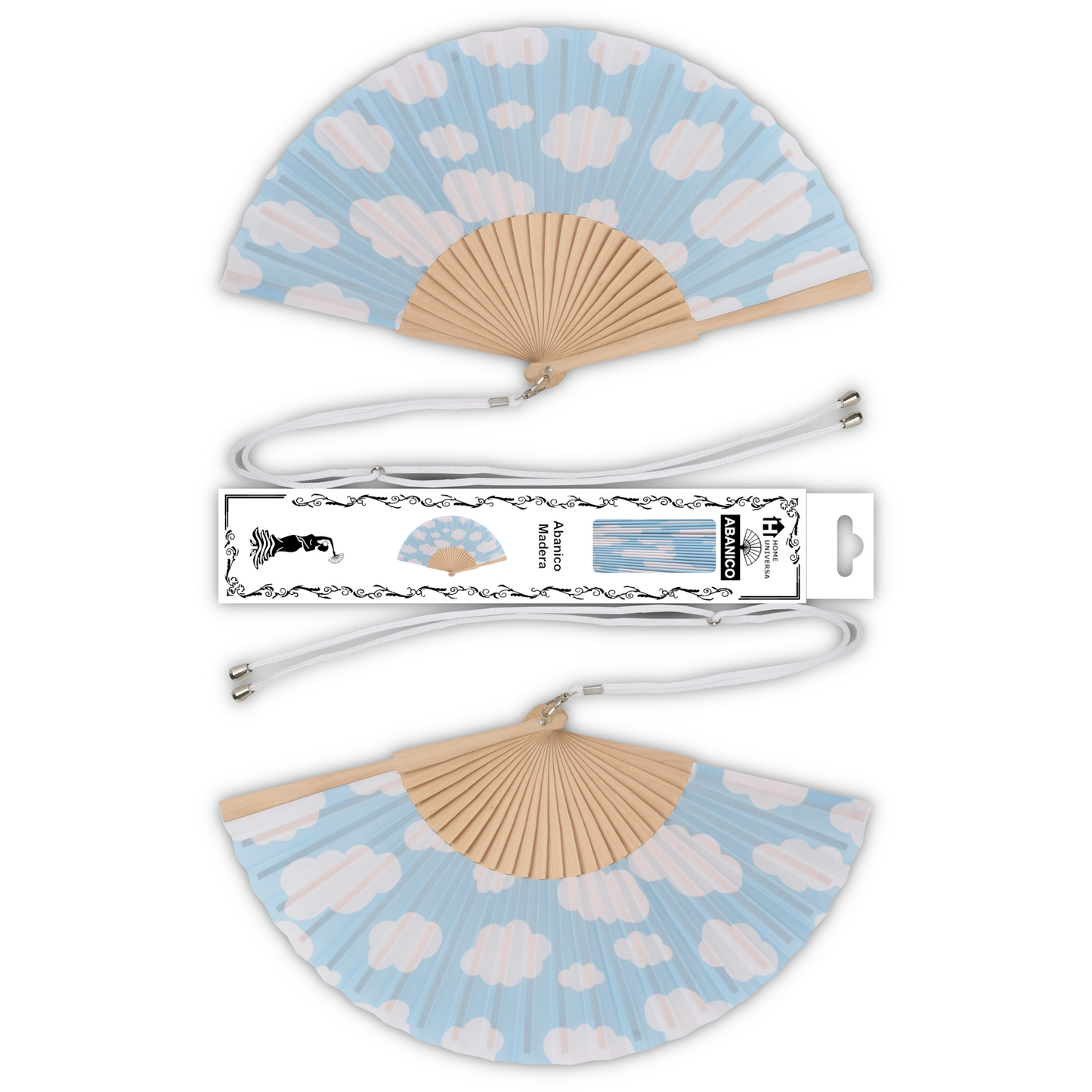 Home Universal® Abanico 23 cm con Cuerda para Cuello – Abanico Plegable de Madera Ligero y Portátil – Accesorio de Verano para Playa, Festivales, Bodas y Eventos – Diseño Divertido, Ideal para Viajes y Calor (Cielo Azul Con Nubes)