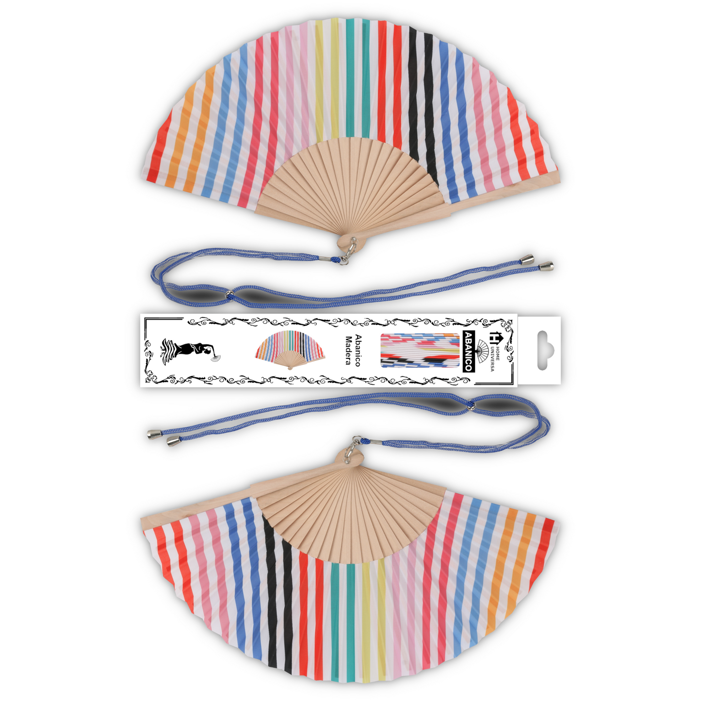 Home Universal® Abanico 23 cm con Cuerda para Cuello – Abanico Plegable de Madera Ligero y Portátil – Accesorio de Verano para Playa, Festivales, Bodas y Eventos – Diseño Divertido, Ideal para Viajes y Calor (Rayas Coloridos)