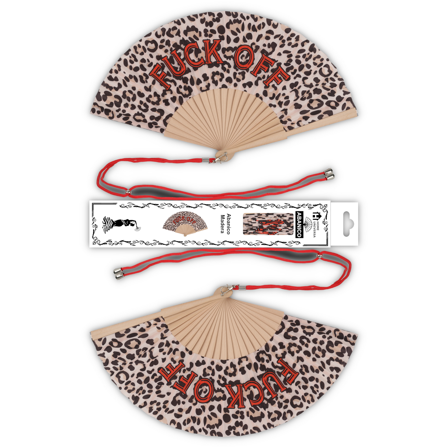 Home Universal® Abanico 23 cm con Cuerda para Cuello – Abanico Plegable de Madera Ligero y Portátil – Accesorio de Verano para Playa, Festivales, Bodas y Eventos – Diseño Divertido, Ideal para Viajes y Calor (FUC* OFF (Leopardo))