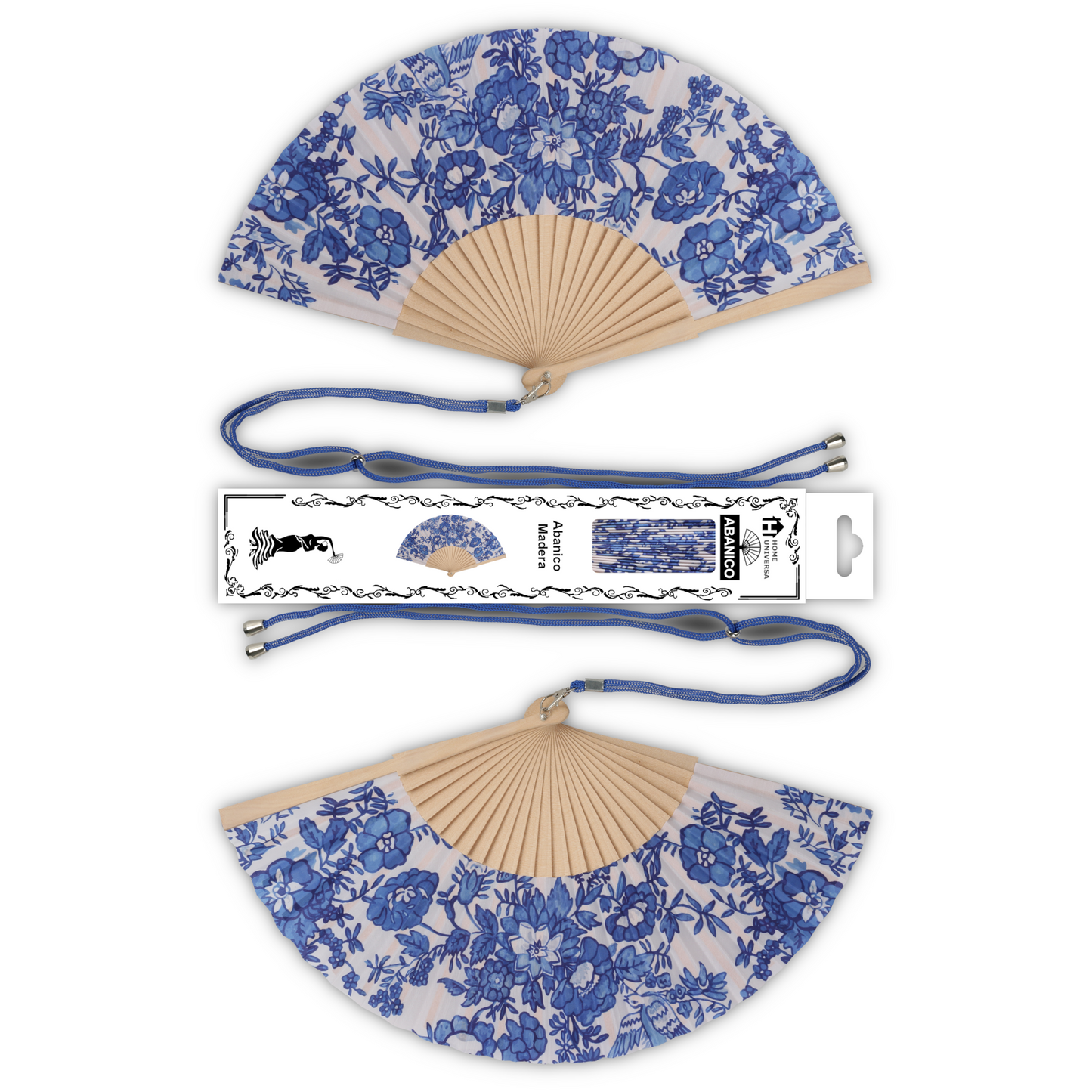 Home Universal® Abanico 23 cm con Cuerda para Cuello – Abanico Plegable de Madera Ligero y Portátil – Accesorio de Verano para Playa, Festivales, Bodas y Eventos – Diseño Divertido, Ideal para Viajes y Calor (Dibujo Flores Azul)