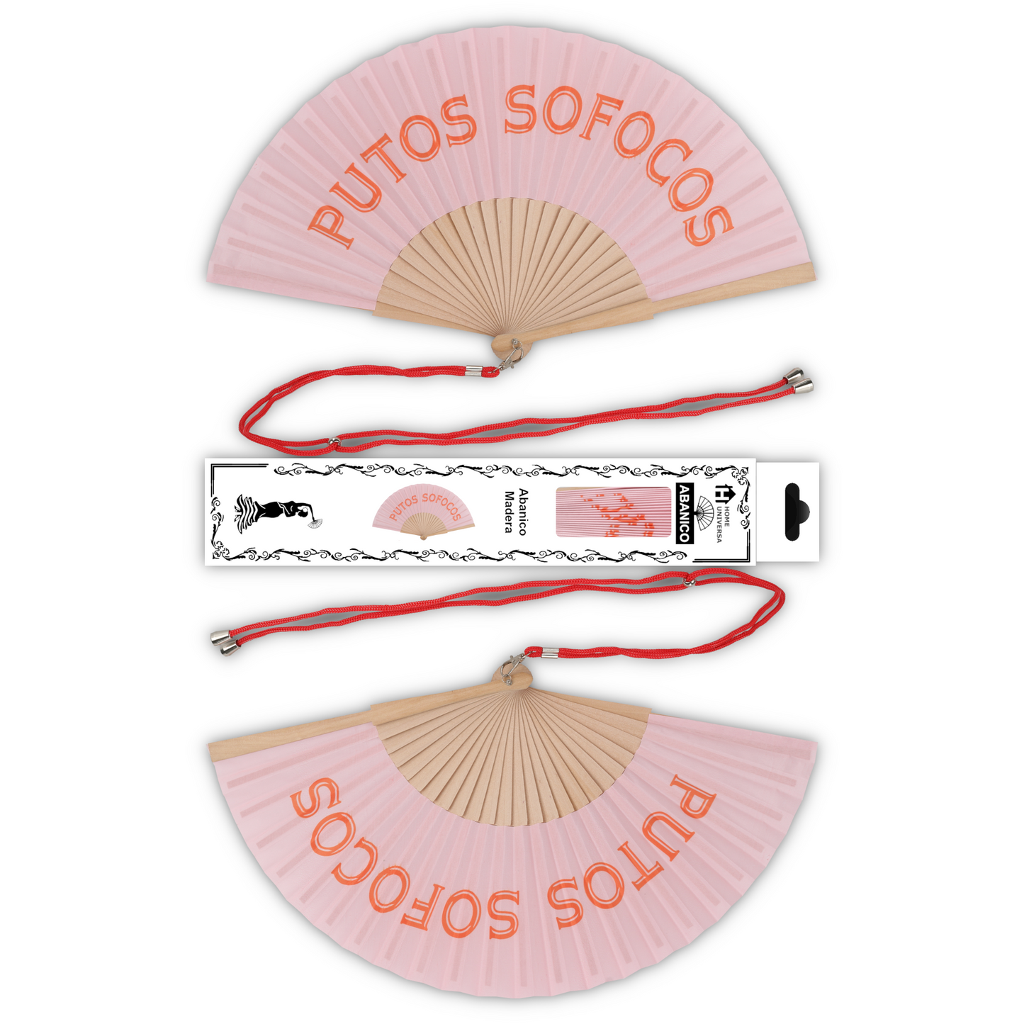 Home Universal® Abanico 23 cm con Cuerda para Cuello – Abanico Plegable de Madera Ligero y Portátil – Accesorio de Verano para Playa, Festivales, Bodas y Eventos – Diseño Divertido, Ideal para Viajes y Calor (P*TOS SOFOCOS (Rosa))