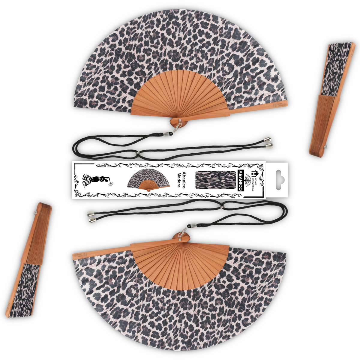Home Universal® Abanico de Madera con Tela 23 cm, Abanico Plegable de Mano con Cordón, Ligero y Portátil para Verano, Bodas, Ferias y Fiestas (Leopardo Rosa)