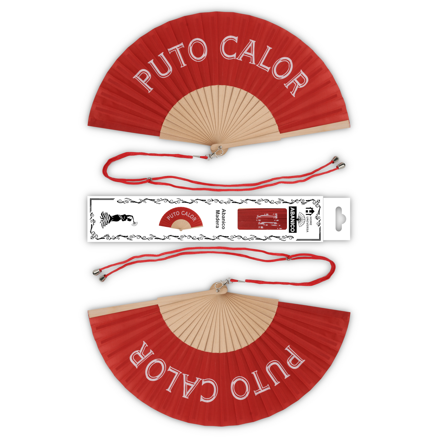 Home Universal® Abanico 23 cm con Cuerda para Cuello – Abanico Plegable de Madera Ligero y Portátil – Accesorio de Verano para Playa, Festivales, Bodas y Eventos – Diseño Divertido, Ideal para Viajes y Calor (P*TO CALOR (Rojo))