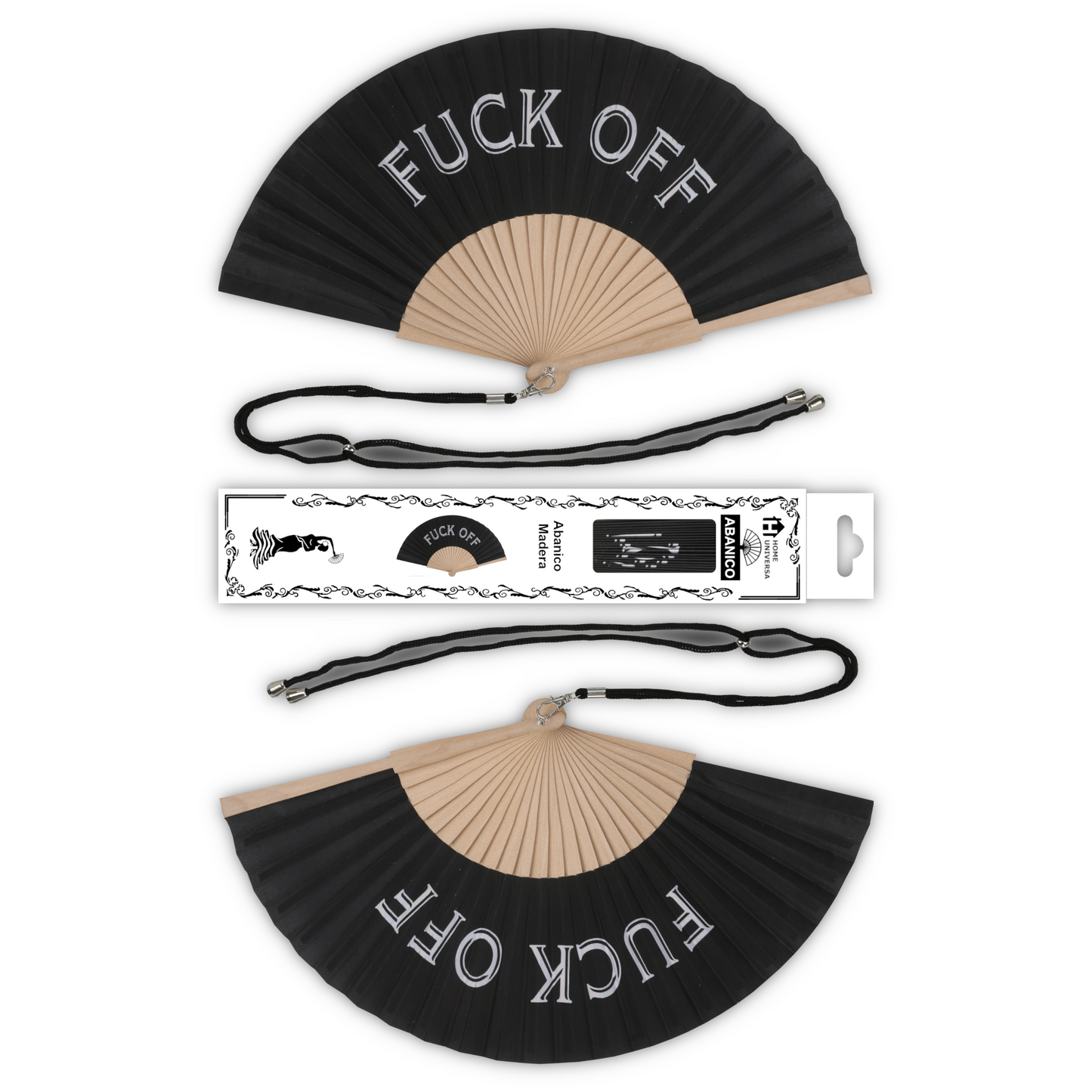 Home Universal® Abanico 23 cm con Cuerda para Cuello – Abanico Plegable de Madera Ligero y Portátil – Accesorio de Verano para Playa, Festivales, Bodas y Eventos – Diseño Divertido, Ideal para Viajes y Calor (FUC* OFF (Negro))
