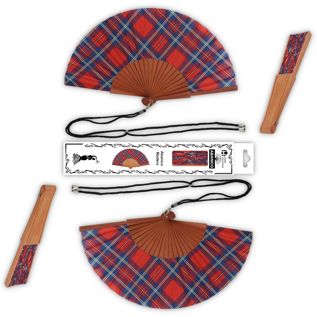 Home Universal® Abanico de Madera con Tela 23 cm, Abanico Plegable de Mano con Cordón, Ligero y Portátil para Verano, Bodas, Ferias y Fiestas (Tartán Rojo)
