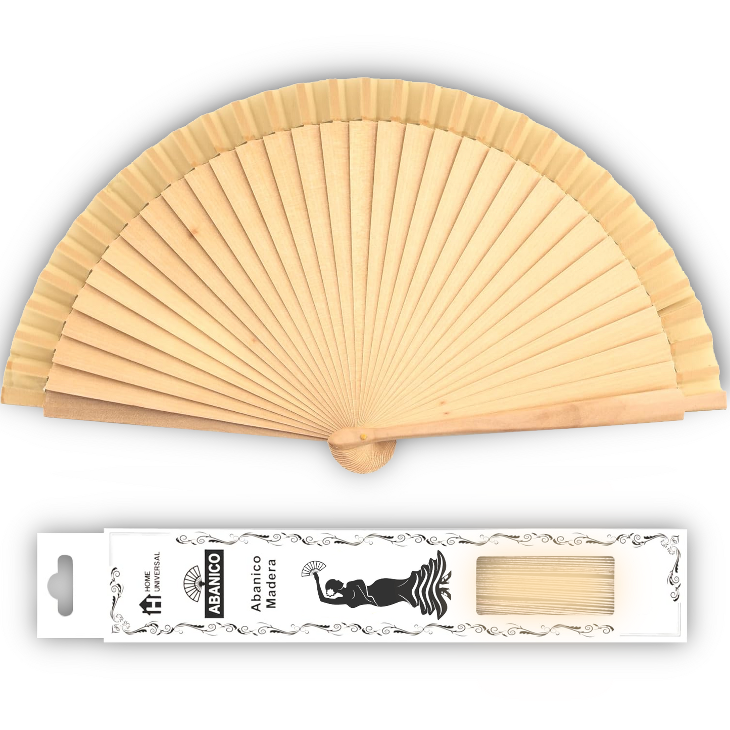 Home Universal ® Abanico Madera Español con Tela Lisa 23cm, Detalles para los Invitados, Regalos de Boda, Fiestas, Comuniones y Otros Eventos (Madera Natural)