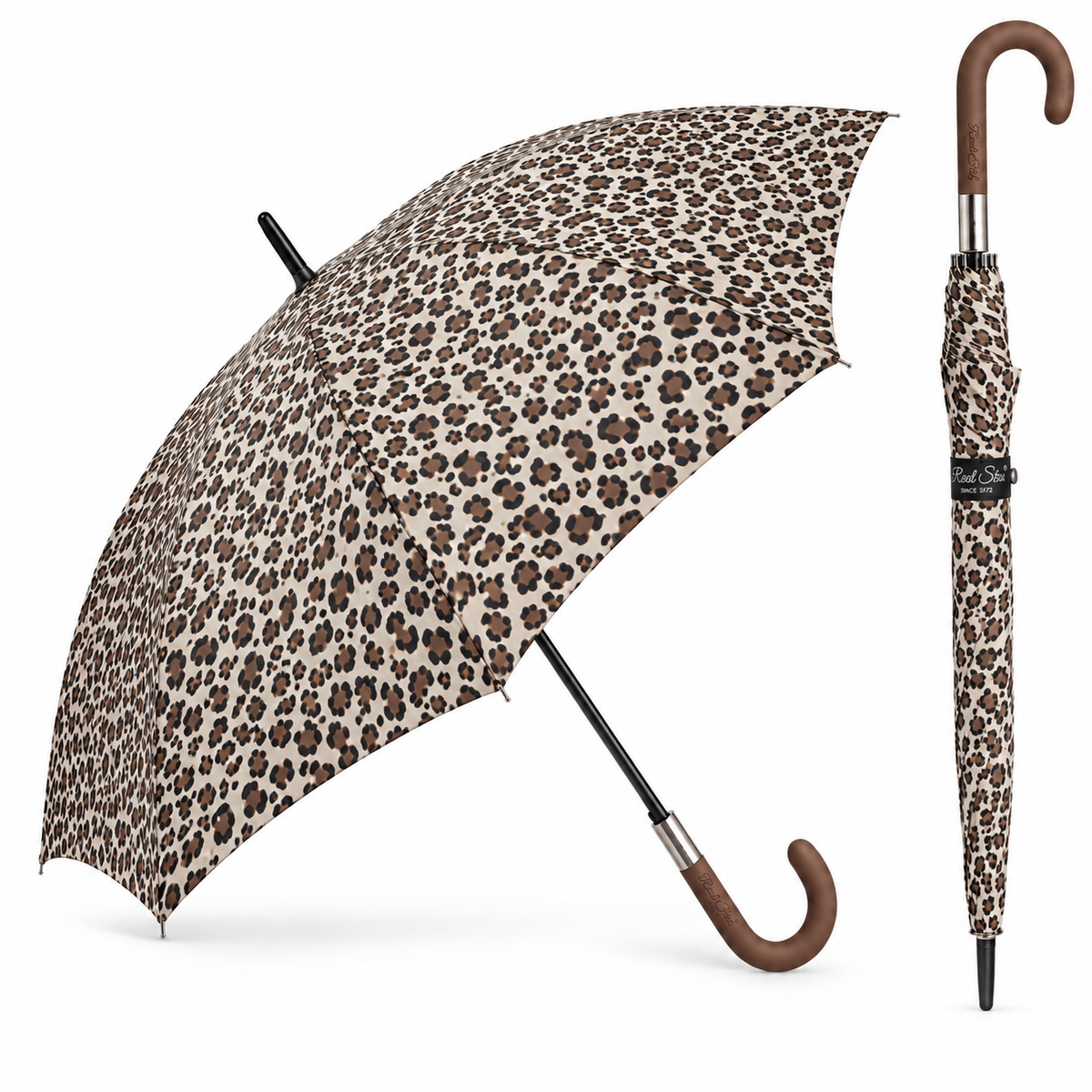 Home Universal® Paraguas Grande Semiautomático, Paraguas Largo Resistente al Viento con Mango Curvo para Mujer y Hombre (Leopardo Beige)