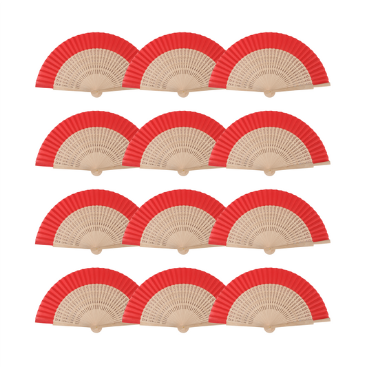 Home Universal ® Pack 12 Unidades Abanicos Madera con Tela Lisa 23cm, Detalles para los Invitados, Regalos de Boda, Fiestas, Comuniones y Otros Eventos (Rojo troquelado con caja)